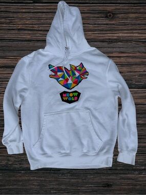 Meow Wolf Geometric Wolf Logo Pullover Hoodie White Unisex Size M